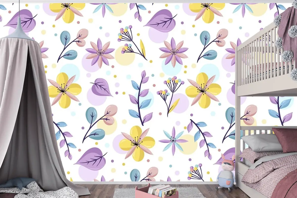 Pastel Renklerde Çiçek Desenli Çocuk Odası Duvar Kağıdı