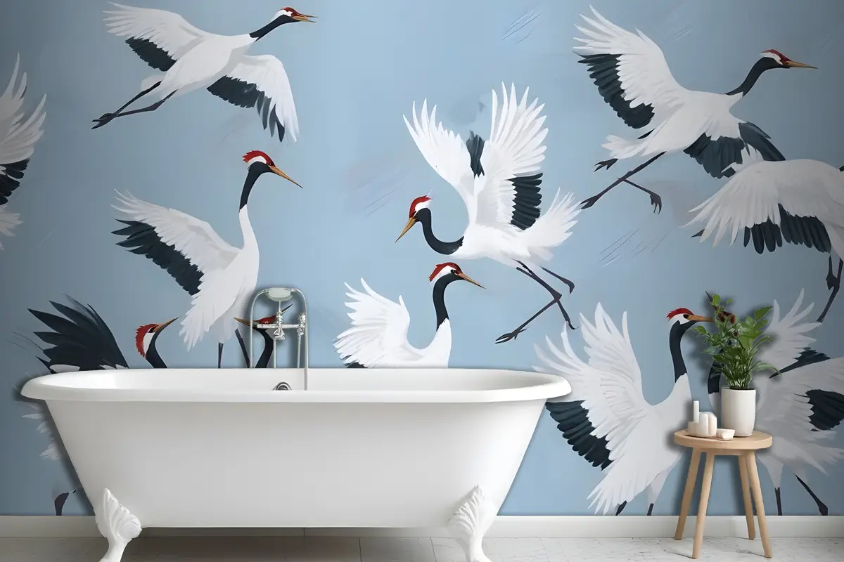 Uçan Japon Vinçleri Mavi Boyalı Banyo Duvar Kağıdı