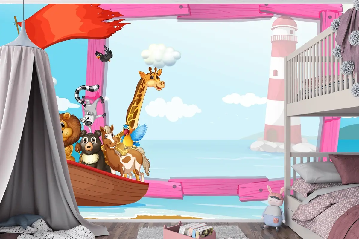 Teknede Vahşi Hayvanların Bulunduğu Çerçeve Çocuk Odası Duvar Kağıdı