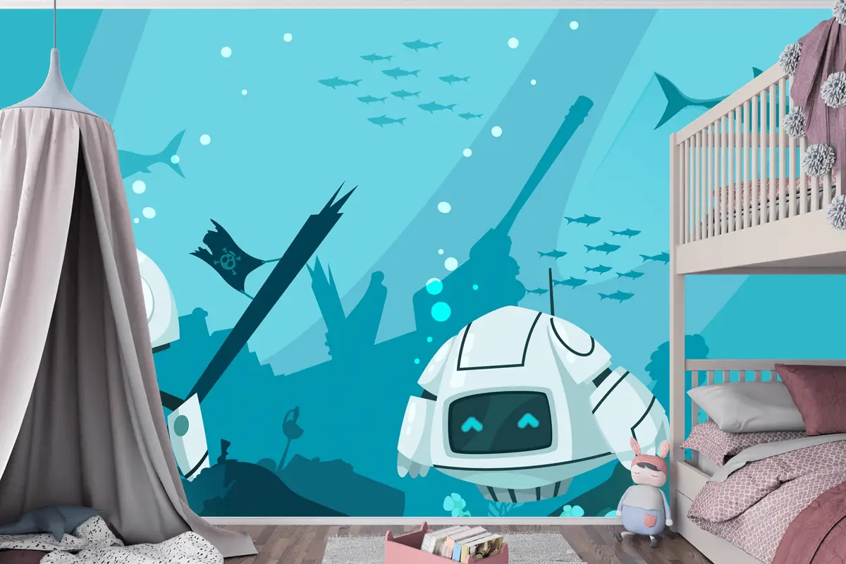 Fütüristik Robotlar Deniz Kompozisyonu Çocuk Odası Duvar Kağıdı