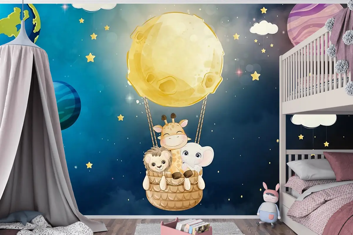 Galaksi Gezegenler Ve Sevimli Hayvanlar Çocuk Odası Duvar Kağıdı