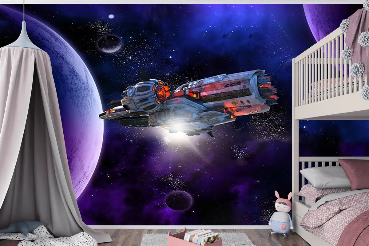 Galaksi Ve Uzay Gemisi Çocuk Odası Duvar Kağıdı