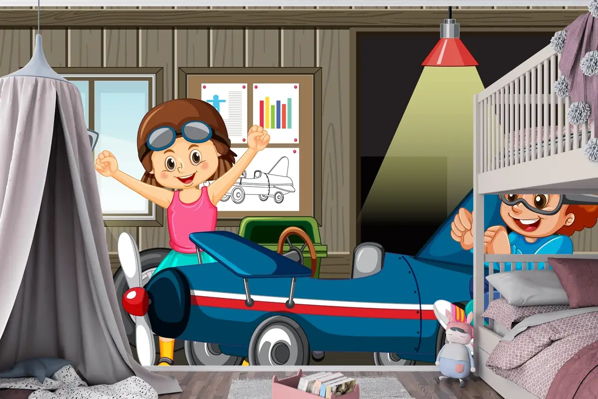 Çocukların Birlikte Araba Tamir Ettiği Garaj Sahnesi Çocuk Odası Duvar Kağıdı