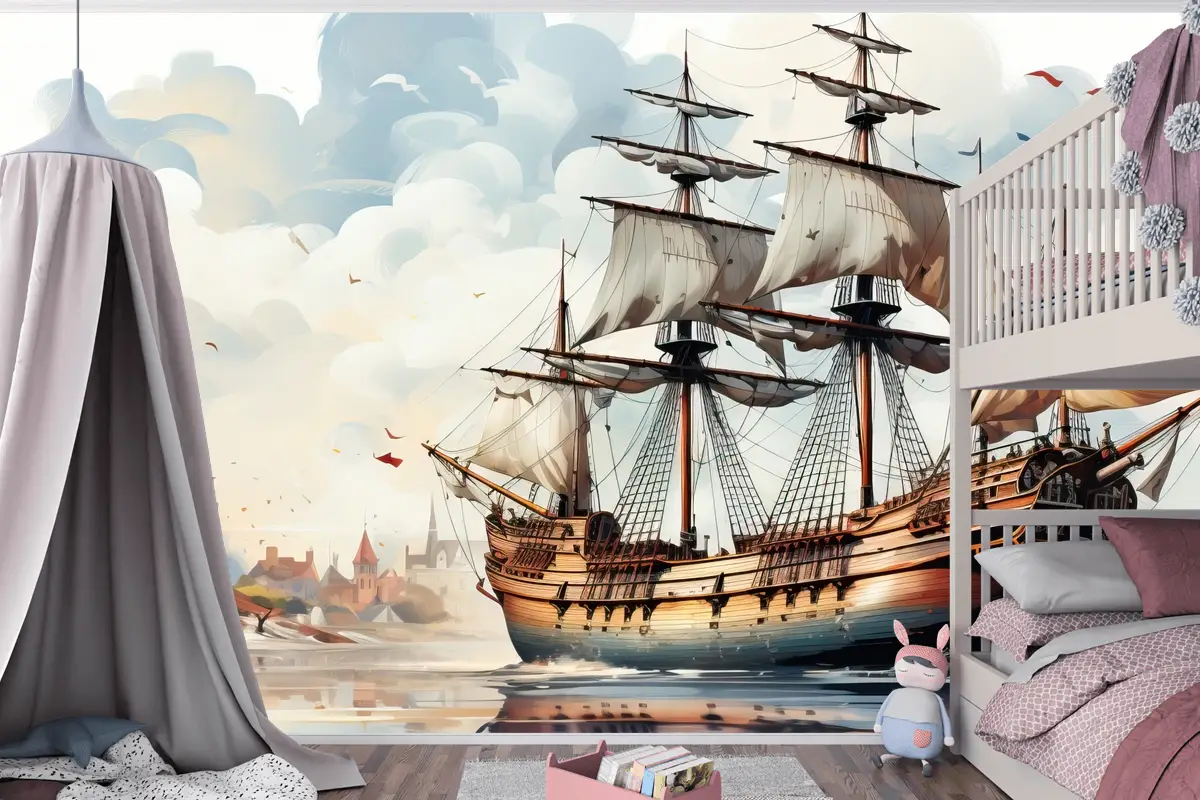 Geometrik Düz Tasarım Şehir Manzaralı Başkent Gün Batımı Çocuk Odası Duvar Kağıdı