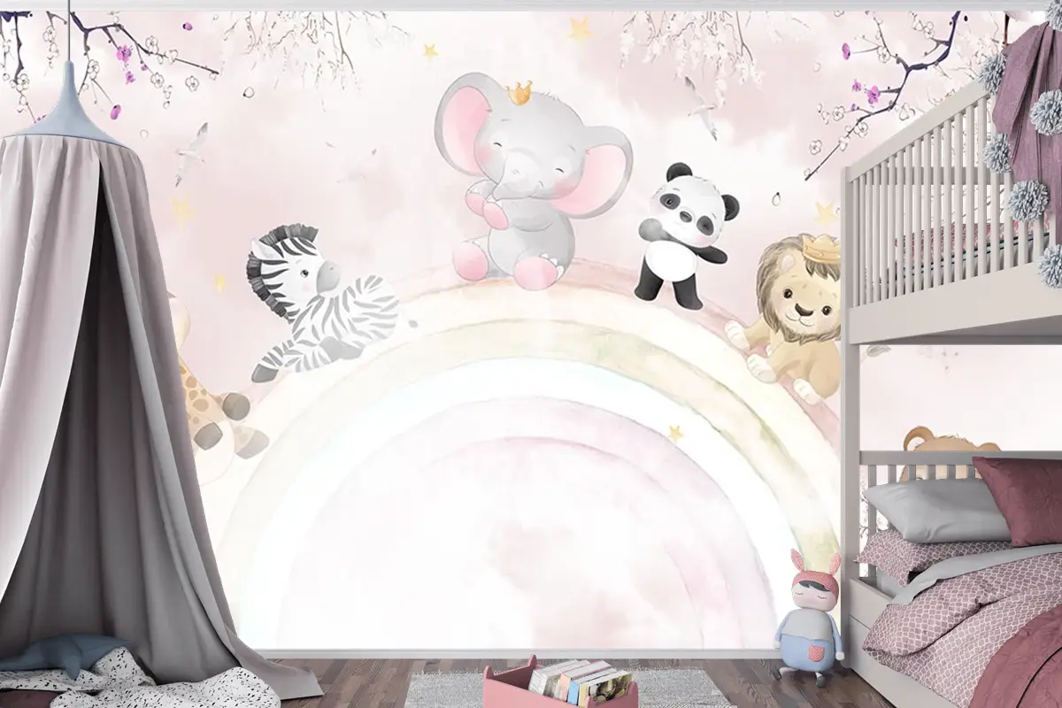 Gökkuşağı Üzerinde Sevimli Hayvanlar Çocuk Odası Duvar Kağıdı