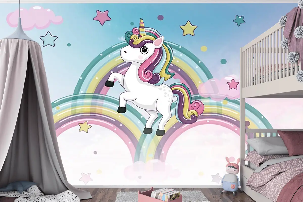 Gökkuşakları Üzerinde Unicorn Çocuk Odası Duvar Kağıdı