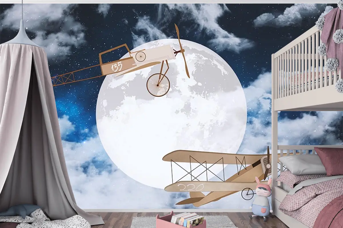 Gökyüzünde Ay Ve Uçaklar Çocuk Odası Duvar Kağıdı