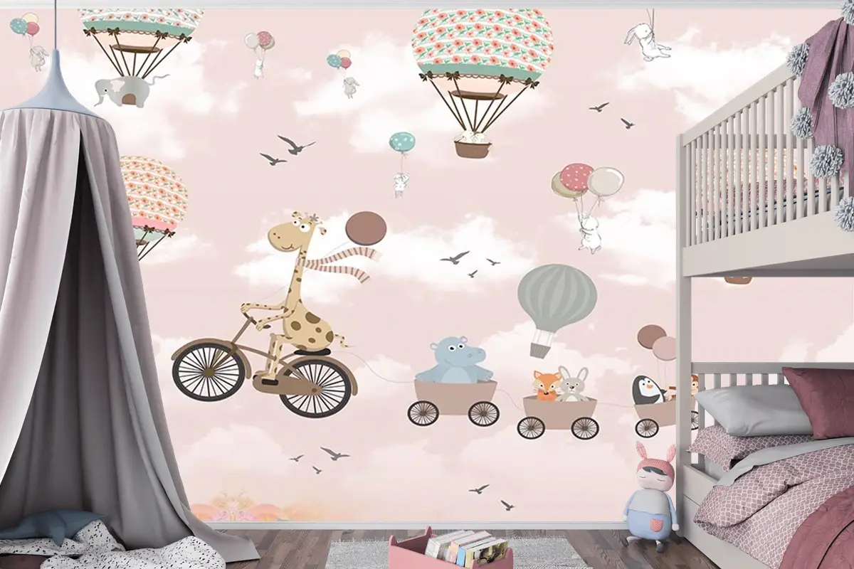 Gökyüzünde Bisiklet Süren Zürafa Ve Arkadaşları Çocuk Odası Duvar Kağıdı
