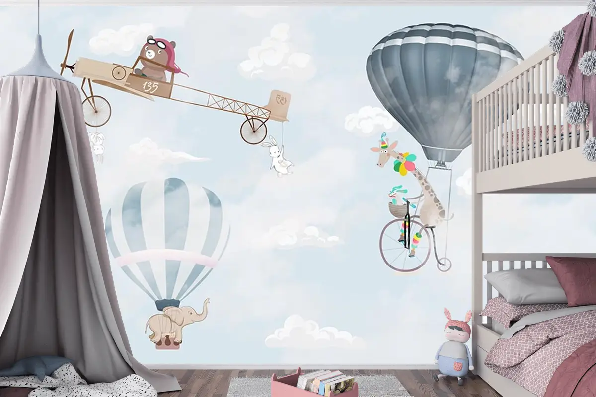 Gökyüzünde Uçak Balonlar Ve Sevimli Hayvanlar Çocuk Odası Duvar Kağıdı