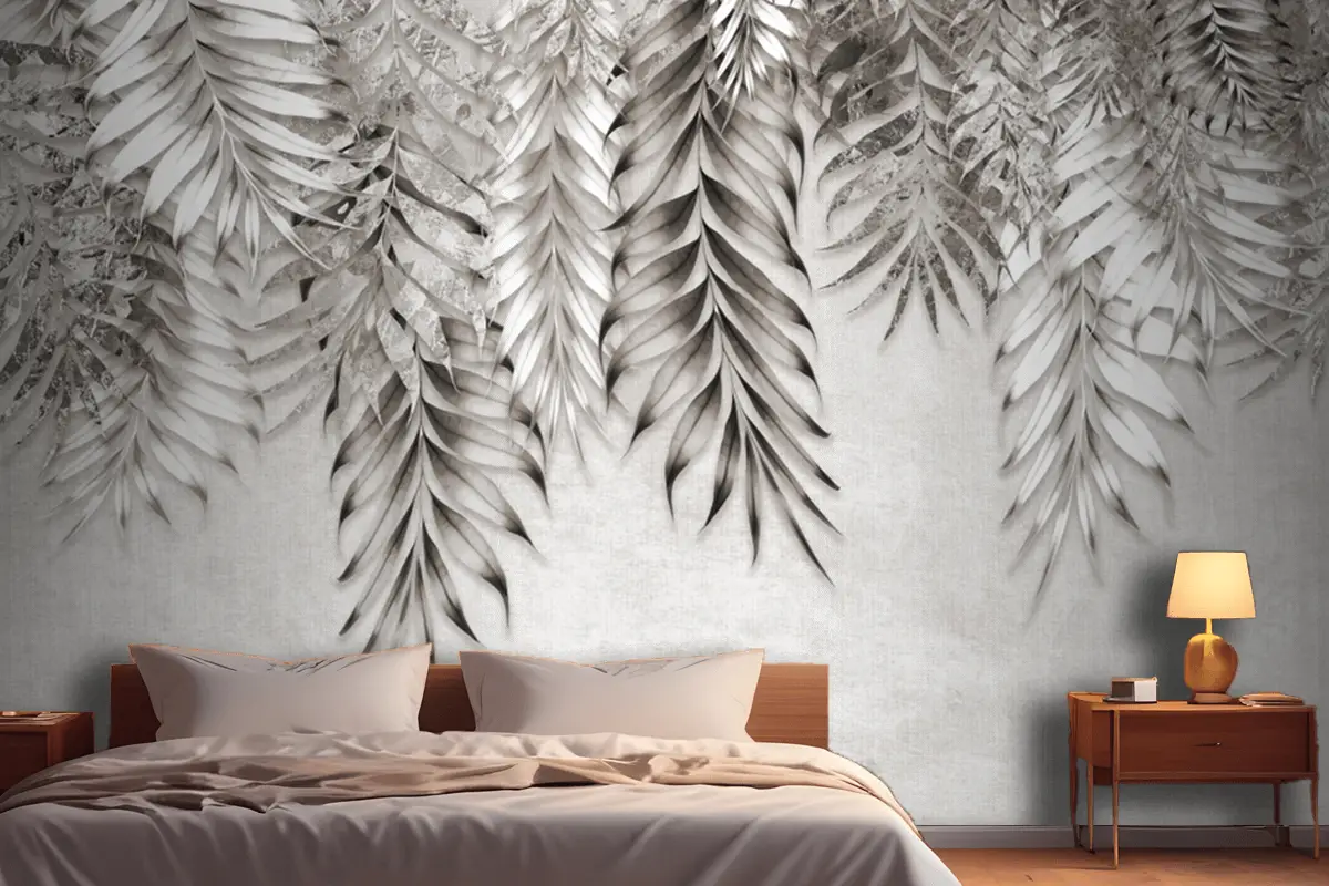 Gri Ve Beyaz Dallar Ağaçların Yaprakları Çizim Yatak Odası Duvar Kağıdı