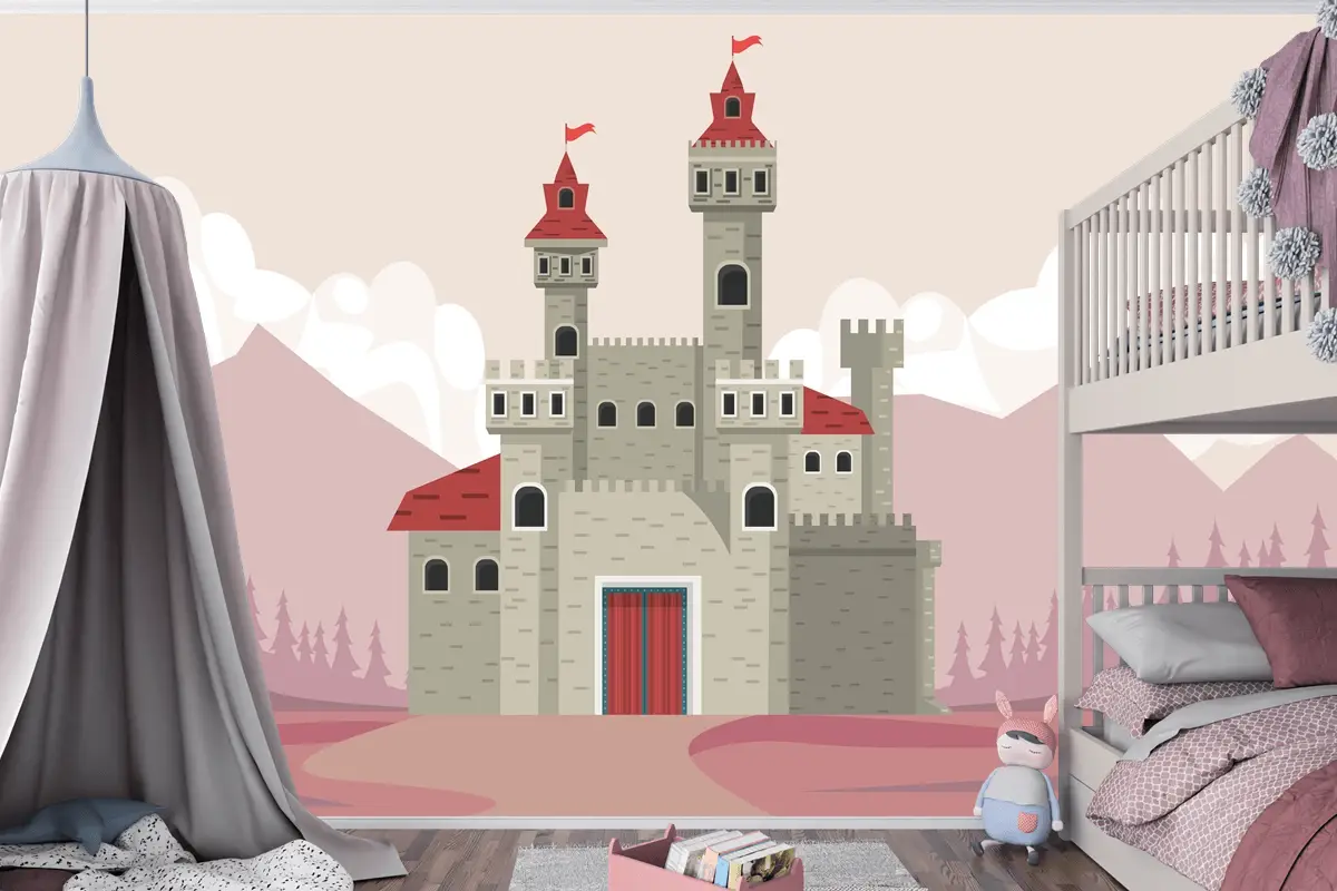 Pembe Manzara Sahnesi Çocuk Odası Duvar Kağıdı Duvarındaki Gri Kale