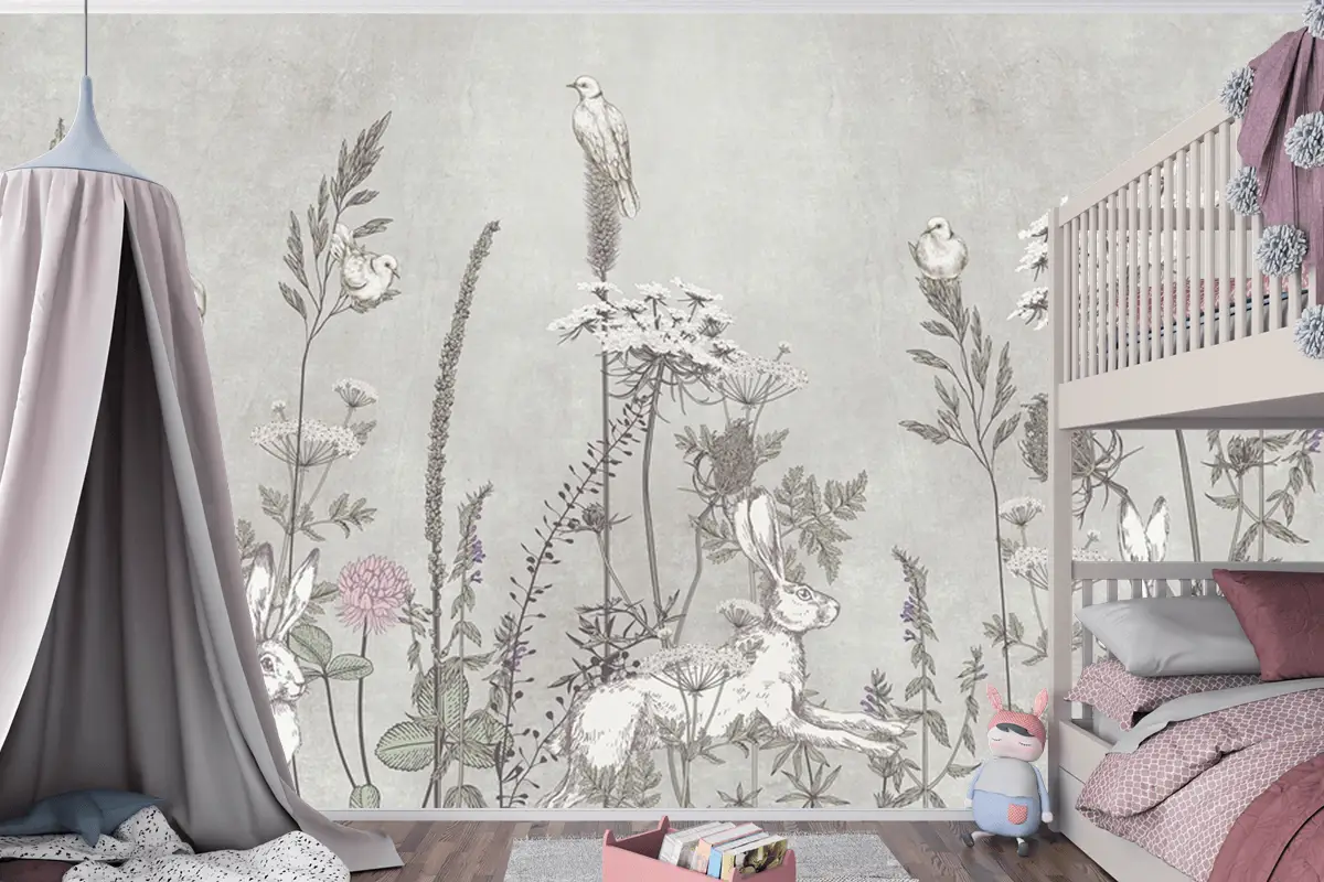 Gri Tavşanlar Ve Çiçekler Çocuk Odası Duvar Kağıdı