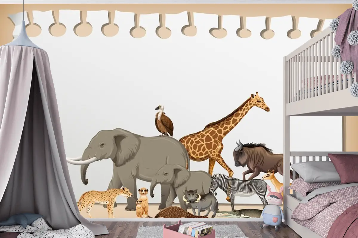 Kağıt Çocuk Odası Duvar Kağıdı  Üzerinde Vahşi Afrika Hayvanı Grubu