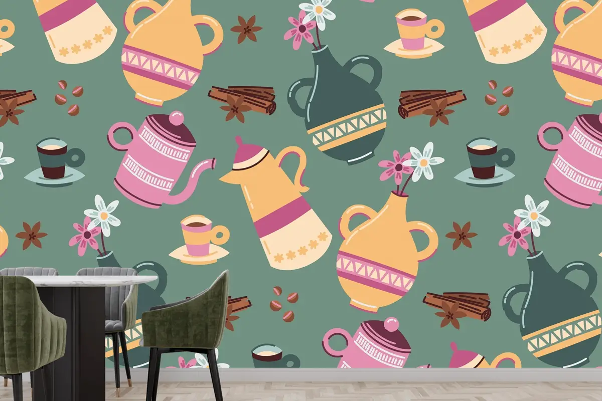 Elle Çizilmiş Renkli Kahve Desenli Mutfak Duvar Kağıdı
