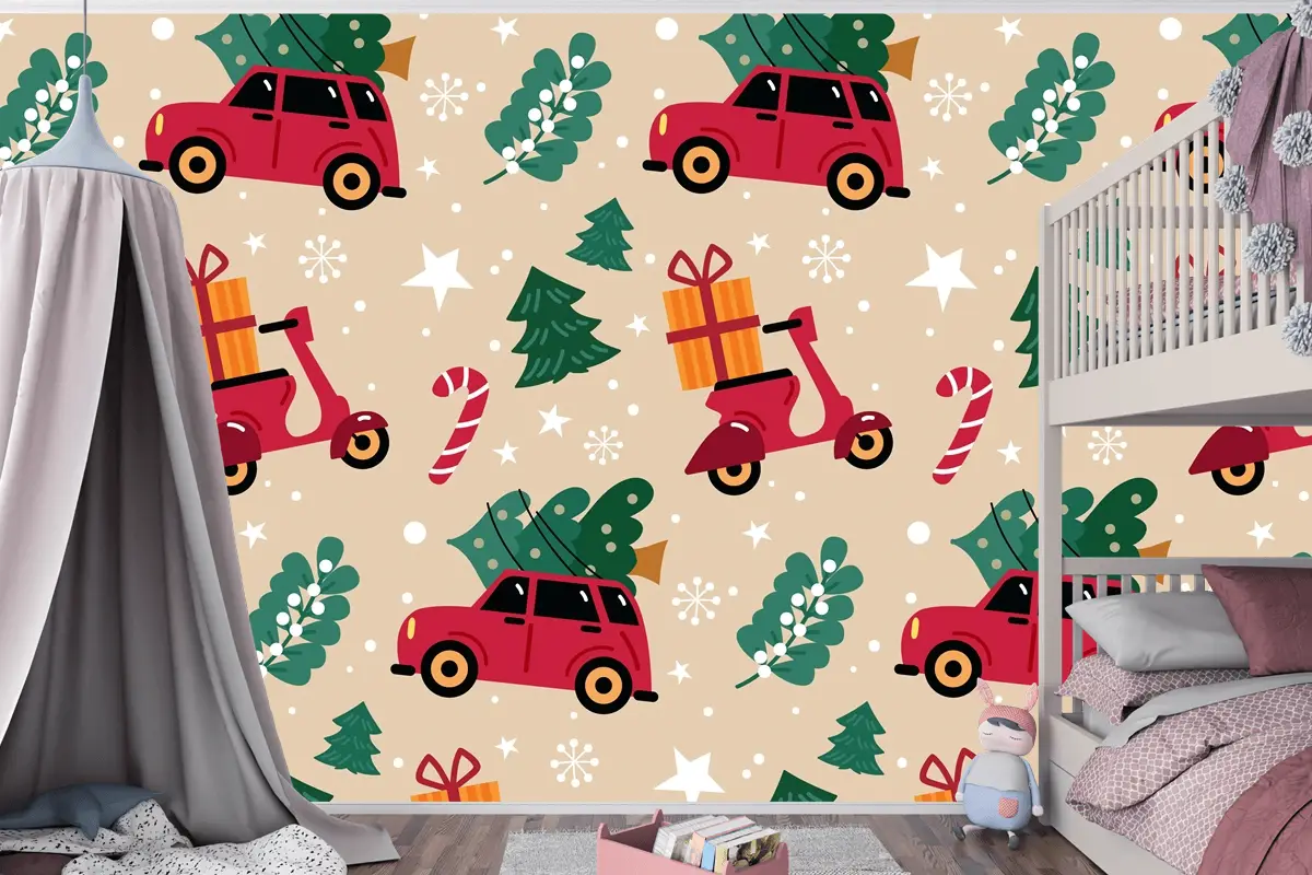 Elle Çizilmiş Düz Noel Desen Tasarımı Çocuk Odası Duvar Kağıdı