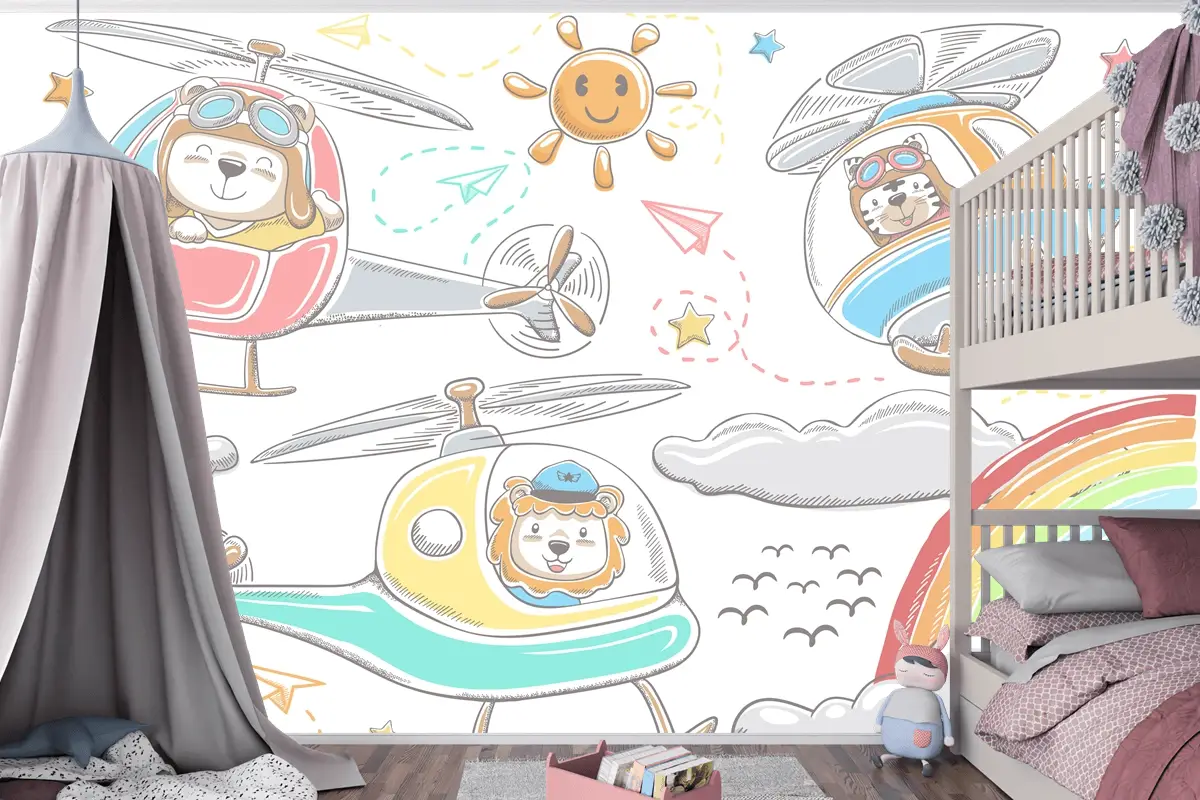 Helikopterlerde Elle Çizilmiş Komik Hayvanlar Karikatür Gökyüzü Nesne Öğeleri Karikatür Çocuk Odası Duvar Kağıdı Duvar