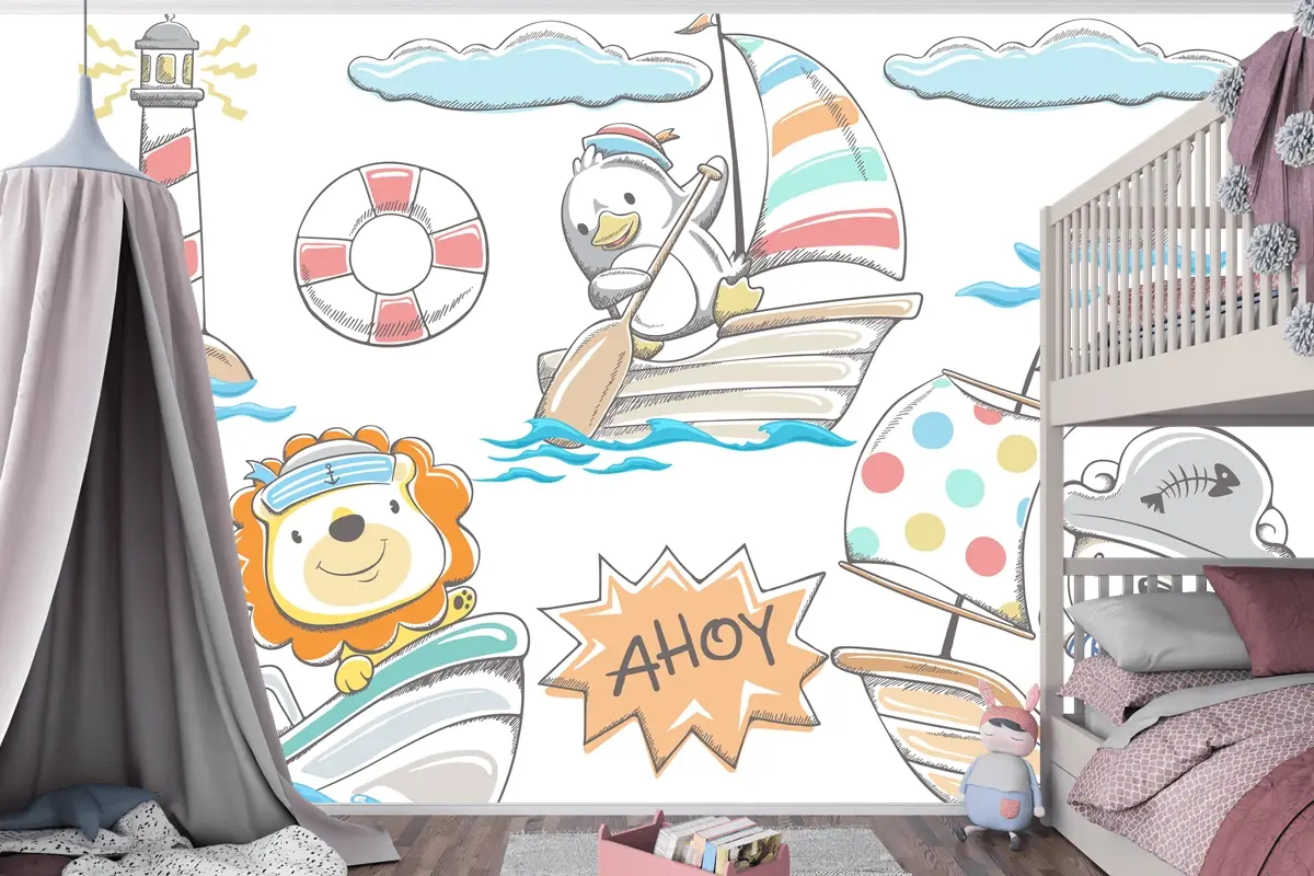 Elle Çizilmiş Komik Hayvanlar Deniz Elementleri Çocuk Odası Duvar Kağıdı