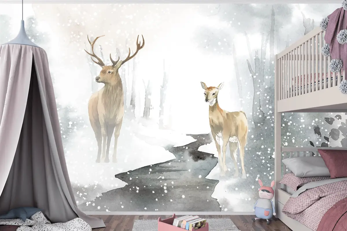 Elle Çizilmiş Geyik Çifti Suluboya Tarzı Çocuk Odası Duvar Kağıdı