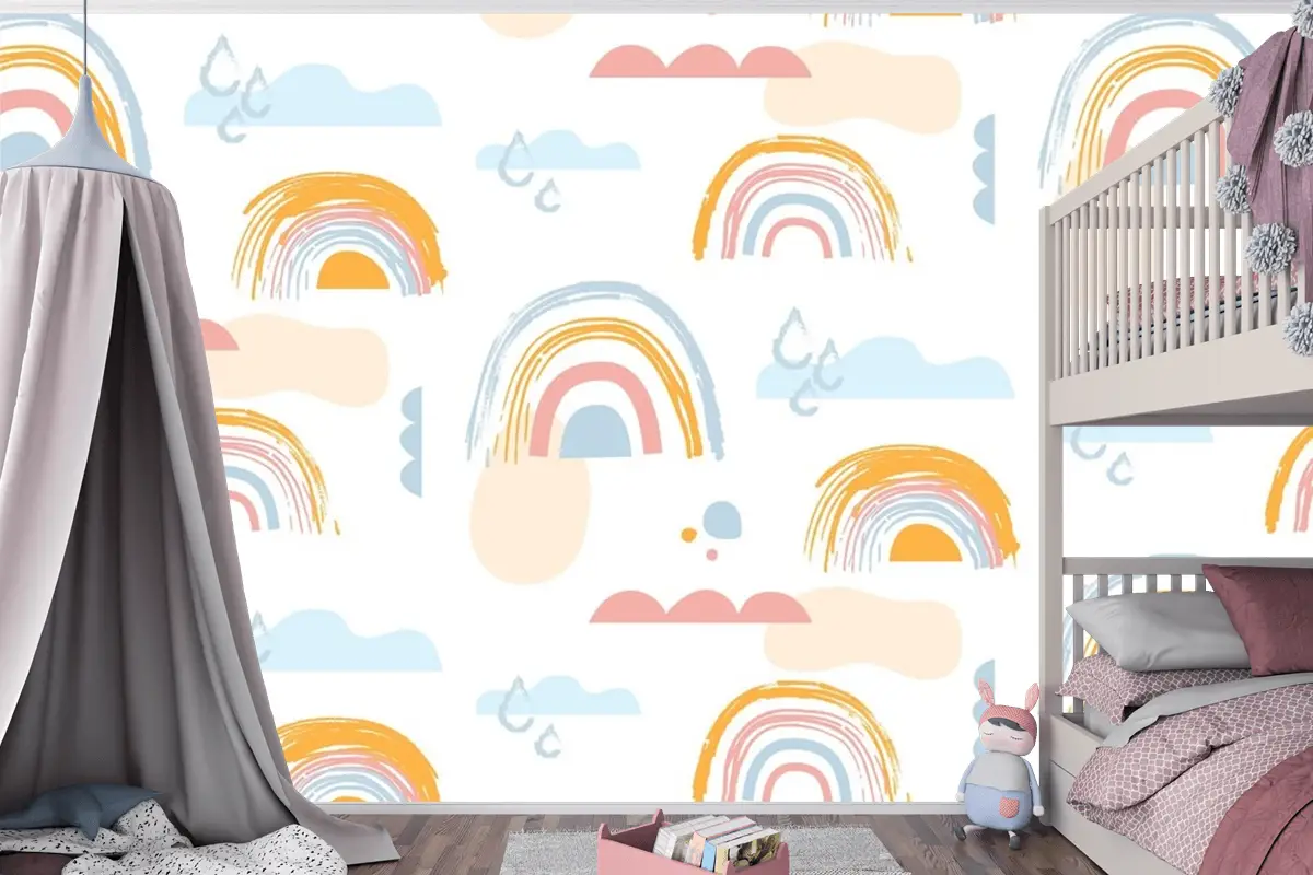 Elle Çizilmiş Gökkuşağı Desen Tasarımı Çocuk Odası Duvar Kağıdı