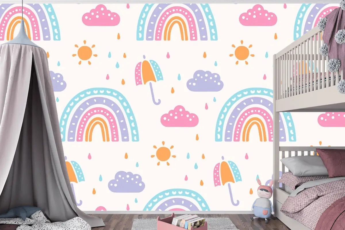 Elle Çizilmiş Gökkuşağı Desen Tasarımı Çocuklar Çocuk Odası Duvar Kağıdı