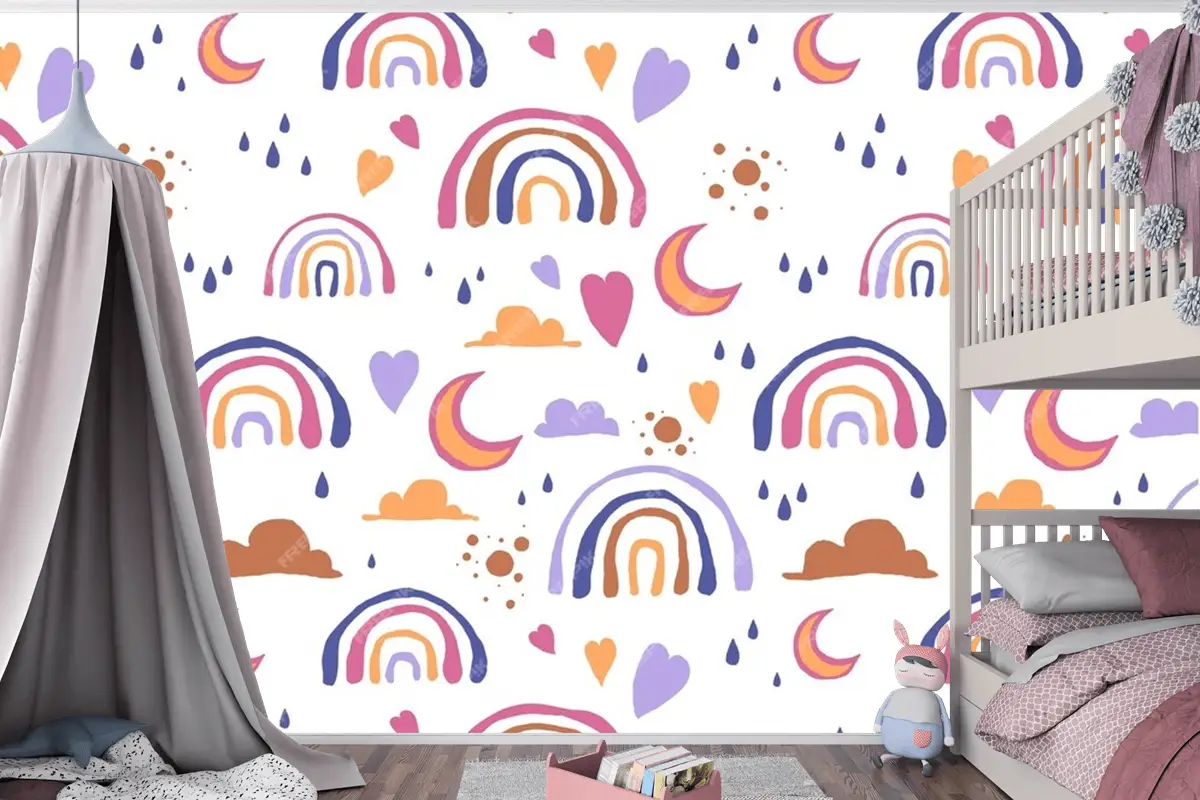 Elle Çizilmiş Gökkuşağı Desen Tasarımı Çocuk Odası Duvar Kağıdı