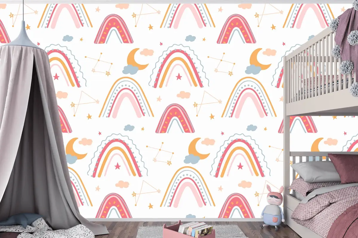 Elle Çizilmiş Gökkuşağı Desenli Çocuk Odası Duvar Kağıdı 