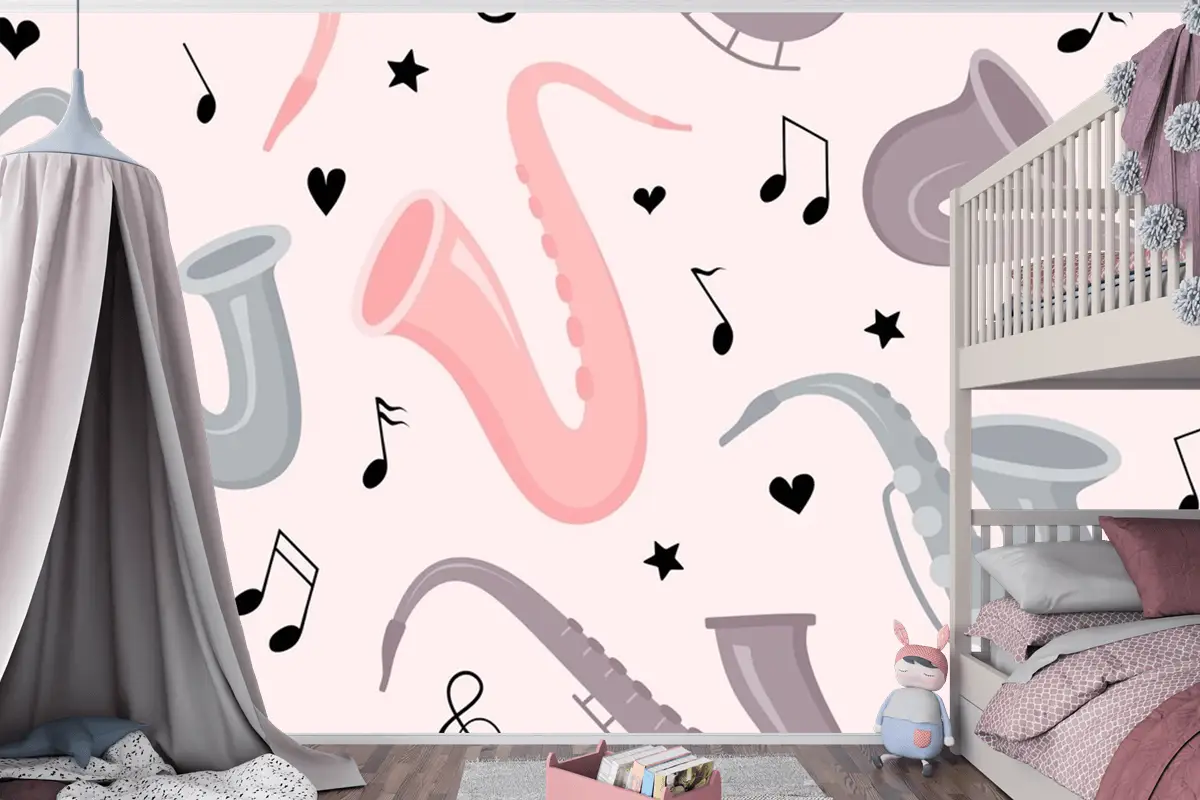 Elle Çizilmiş Saksafon Dikişsiz Desen Çocuk Odası Duvar Kağıdı