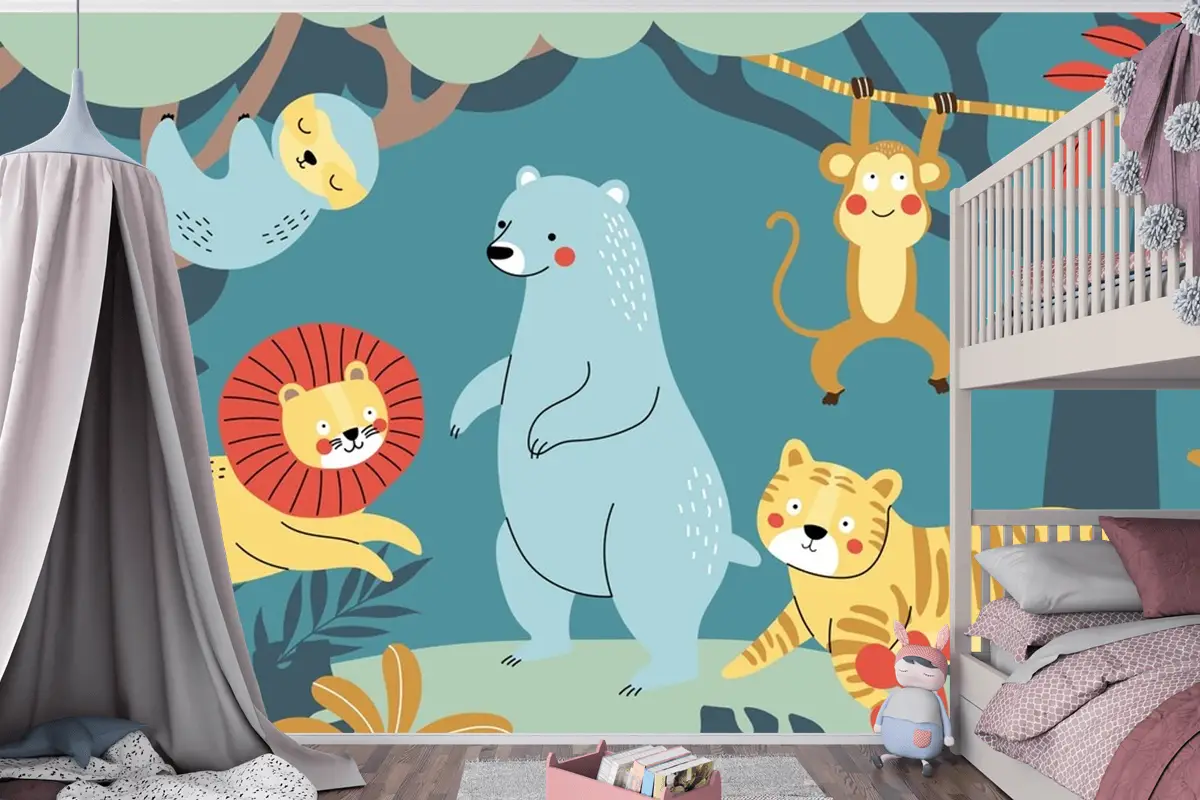 Elle Çizilmiş Yaban Hayatı Arka Plan Çocuk Odası Duvar Kağıdı 