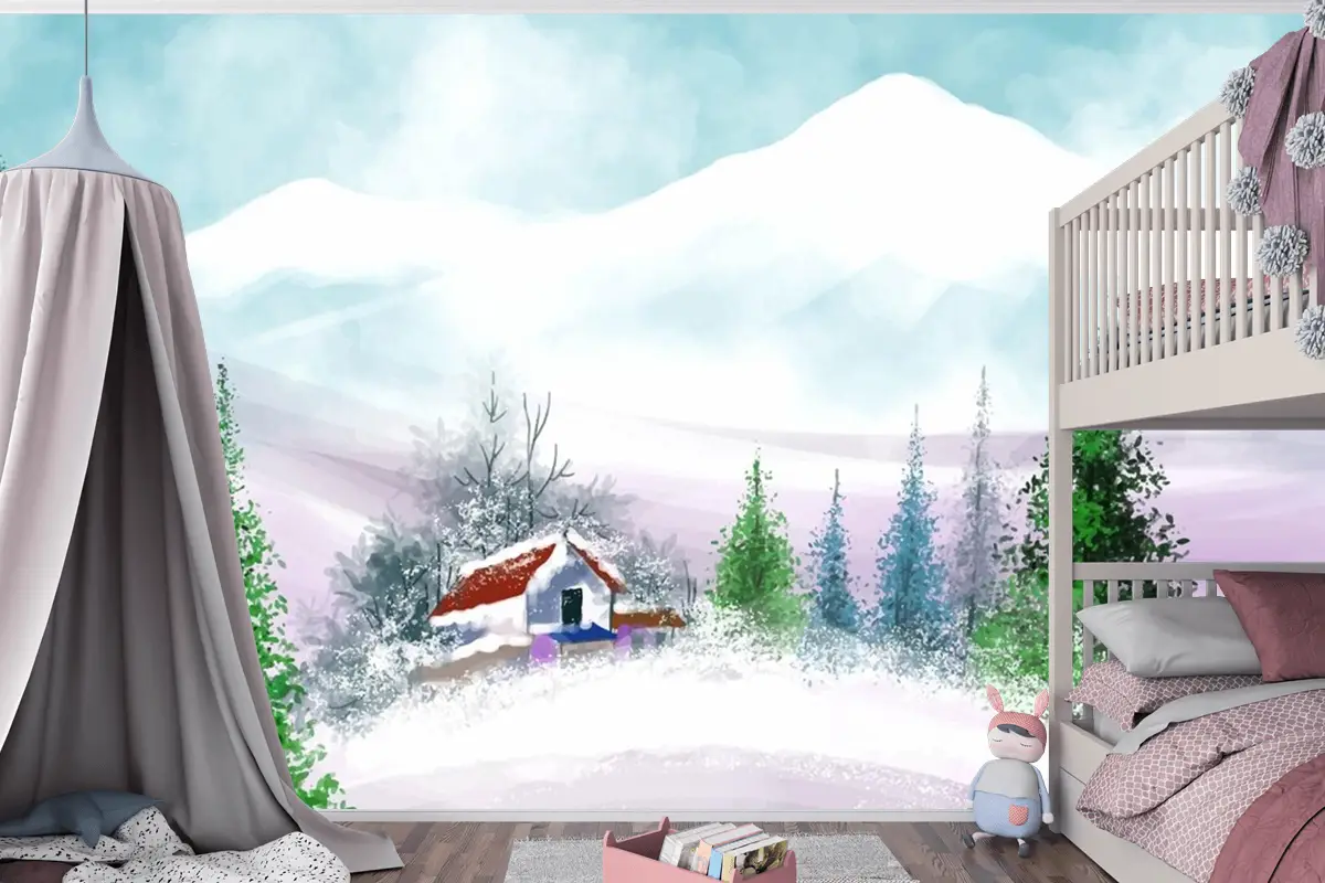 Noel Ve Yeni Yılınız Kutlu Olsun Çocuk Odası Duvar Kağıdı  İçin El Boyalı Suluboya Çizimi