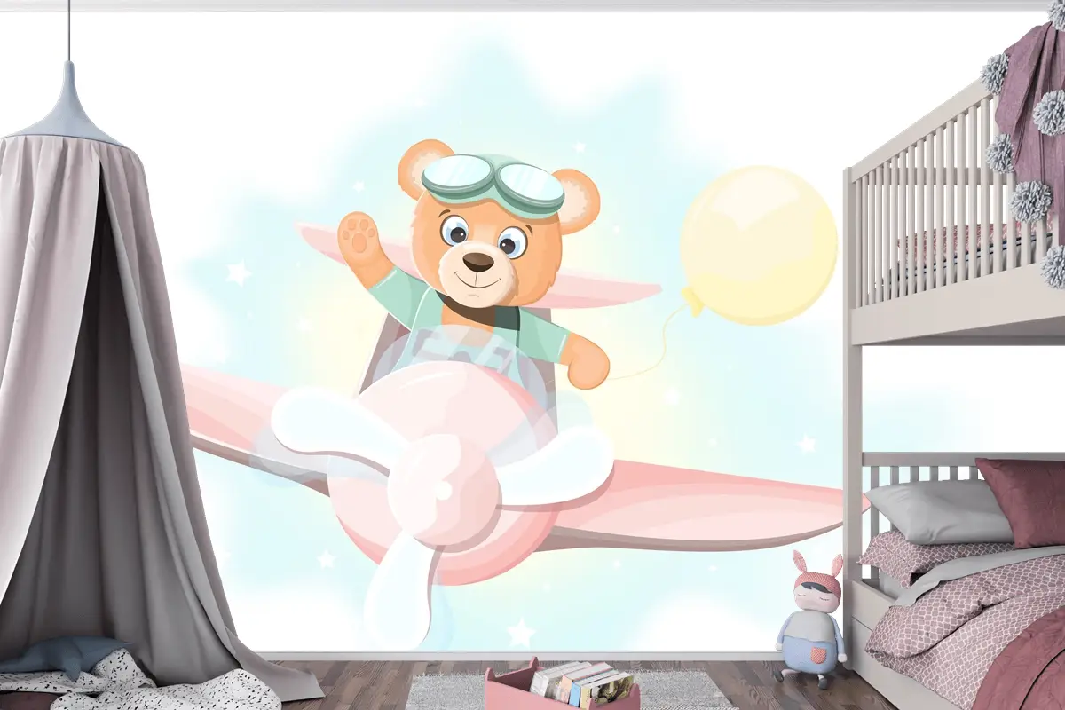 Uçakta Uçan Mutlu Ayıcık Çocuk Odası Duvar Kağıdı