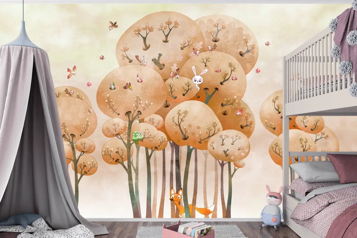 Hayvanlı Suluboya Orman Sonbahar Tilki Çocuk Odası Duvar Kağıdı