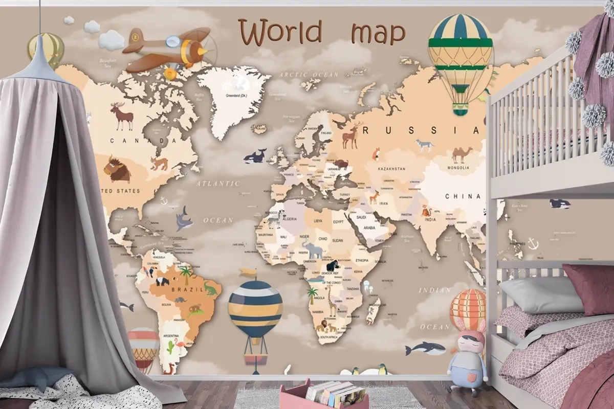 Hayvanlı Ve Sıcak Hava Balonlu Dünya Haritası Çocuk Odası Duvar Kağıdı