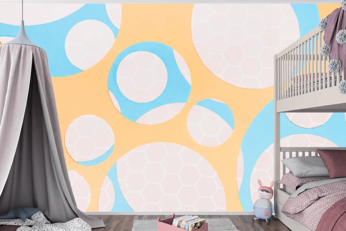 Sarı Çocuk Odası Duvar Kağıdı Duvar Üzerinde Daire Şeklinde Petek Deseni