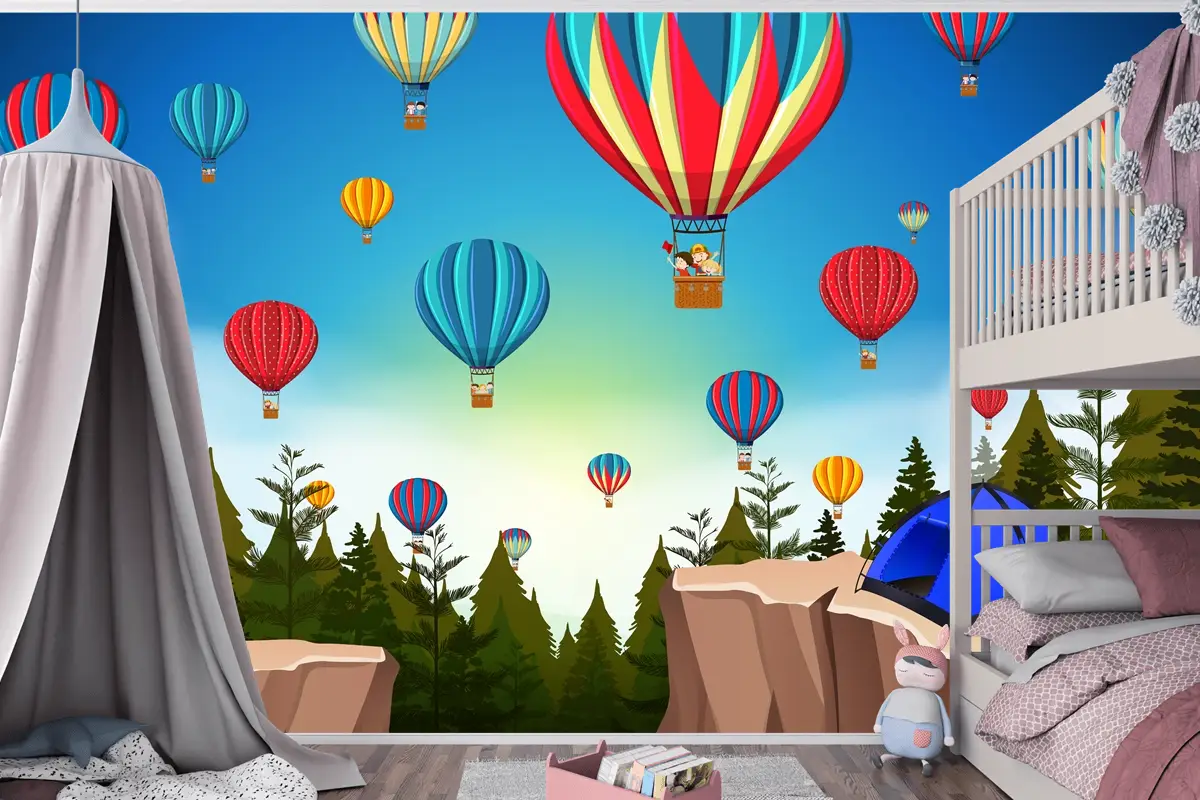 Doğada Sıcak Hava Balonu Manzara Çocuk Odası Duvar Kağıdı