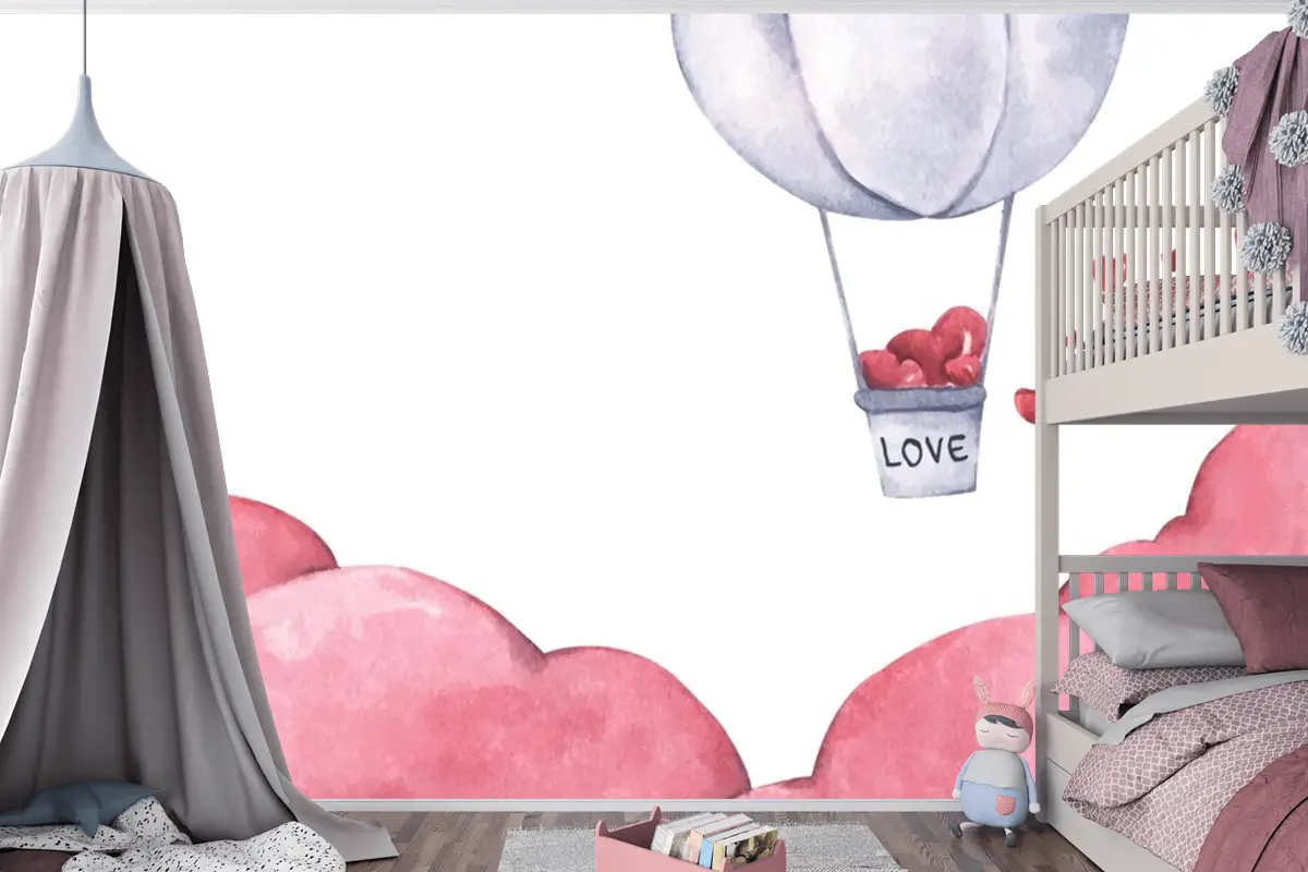 Sıcak Hava Balonu Gökyüzünde Yüzen Kalpli Çocuk Odası Duvar Kağıdı