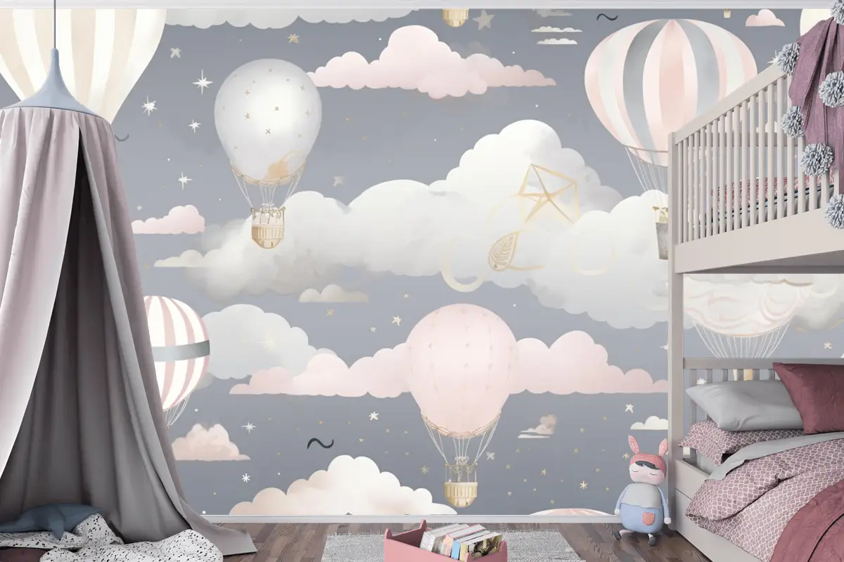 Bulutlarla Gökyüzünde Uçan Sıcak Hava Balonları Çocuk Odası Duvar Kağıdı