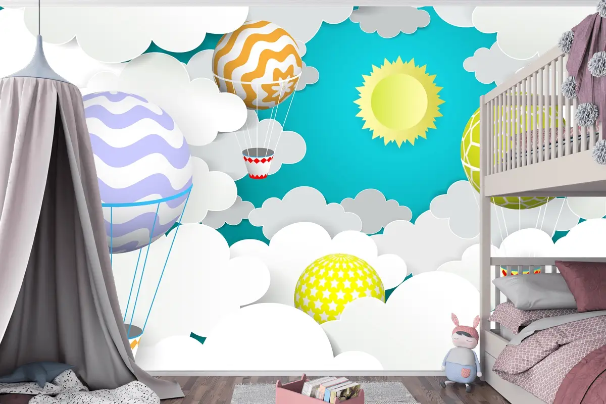 Gökyüzünde Sıcak Hava Balonları Kağıt Sanat Tarzı Çocuk Odası Duvar Kağıdı
