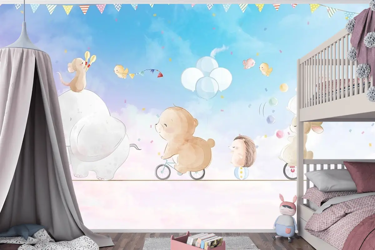 İp Üstünde Mutlu Hayvanlar Çocuk Odası Duvar Kağıdı