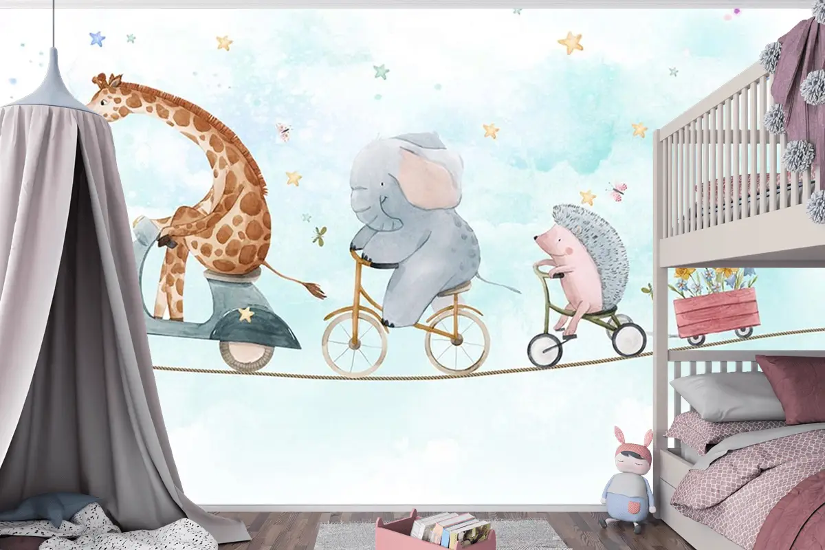 İp Üzerinde Bisiklet Süren Sevimli Hayvanlar Çocuk Odası Duvar Kağıdı