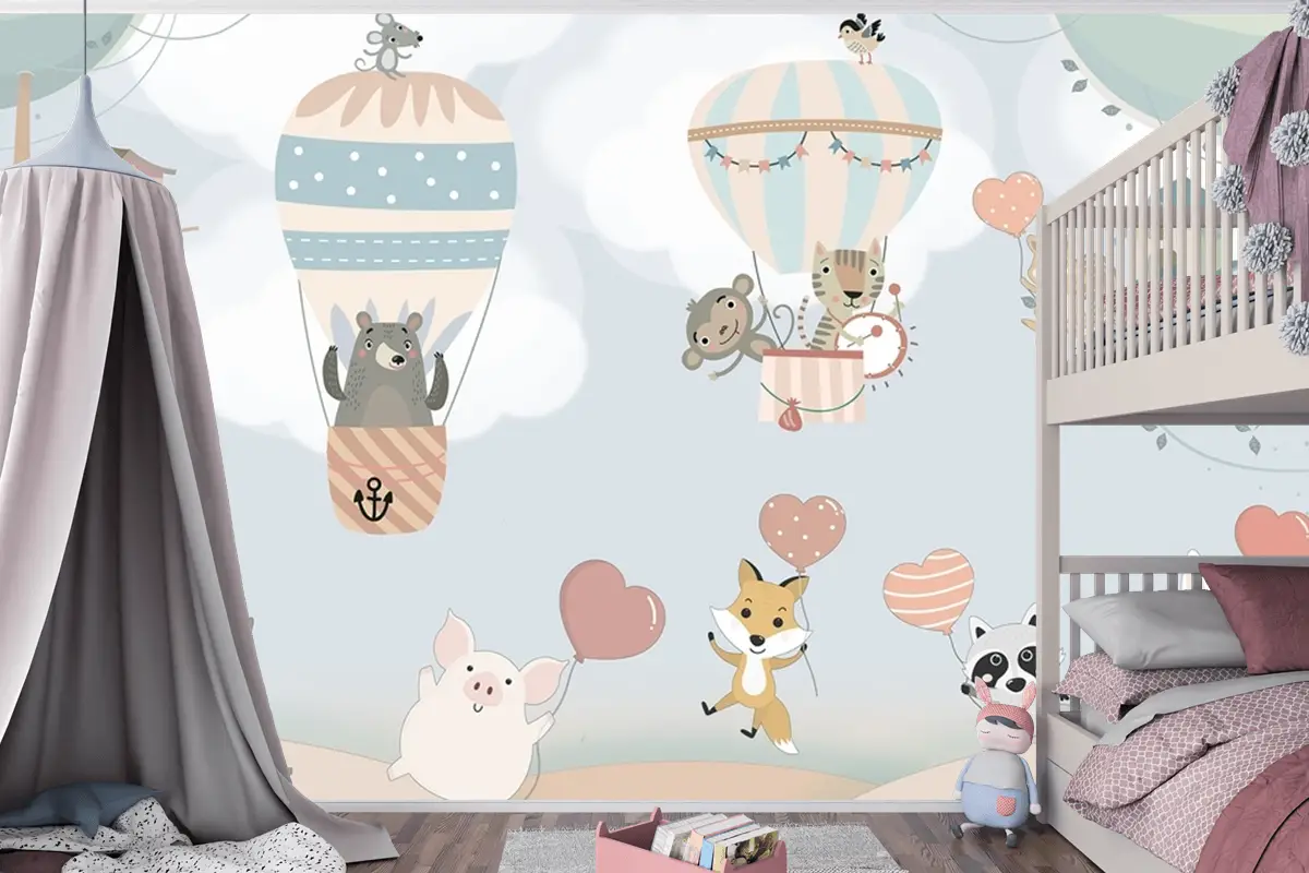 İskandinav Hayvanları Sıcak Hava Balonları Çocuk Odası Duvar Kağıdı