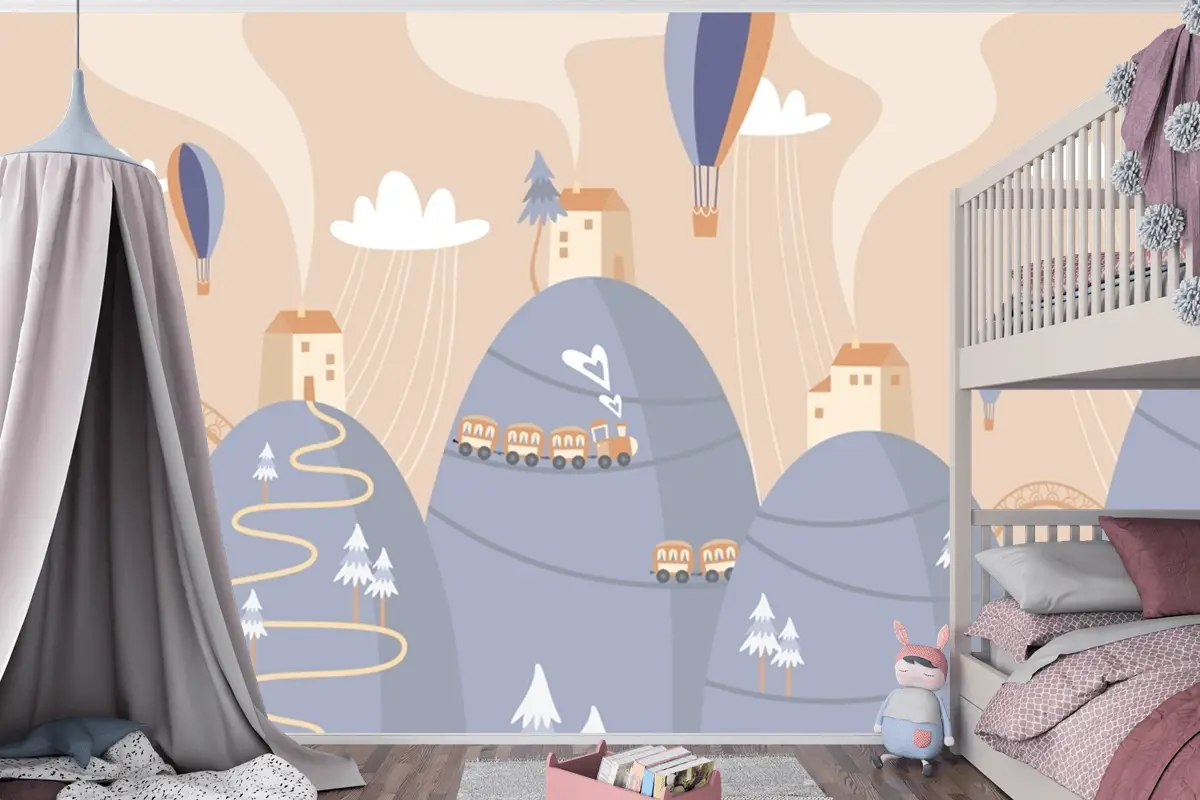 İskandinav Manzara Tepeler Sıcak Hava Balonları Tren Çocuk Bebek Odası Duvar Kağıdı