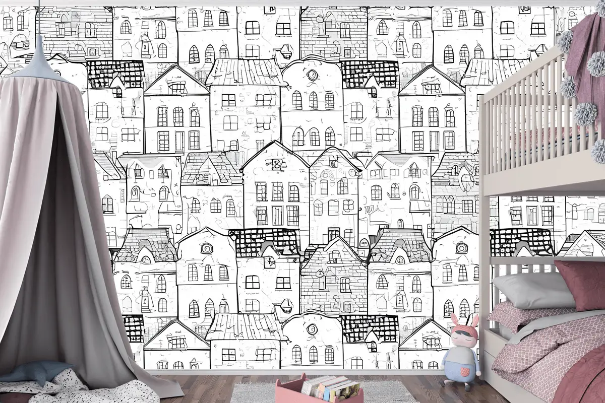 Çocuklar Siyah Beyaz Eskiz Ev Çocuk Odası Duvar Kağıdı 