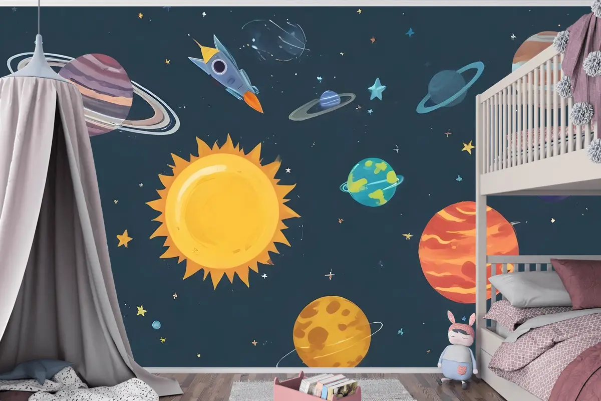 Kids Boys Suluboya Uzay Ve Güneş Sistemi Çocuk Odası Duvar Kağıdı