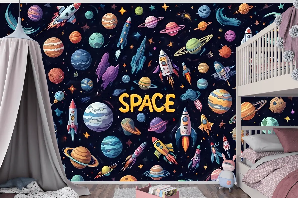 Astronot Ve Renkli Gezegenlerle Çocuk Karikatür Uzay Çocuk Odası Duvar Kağıdı