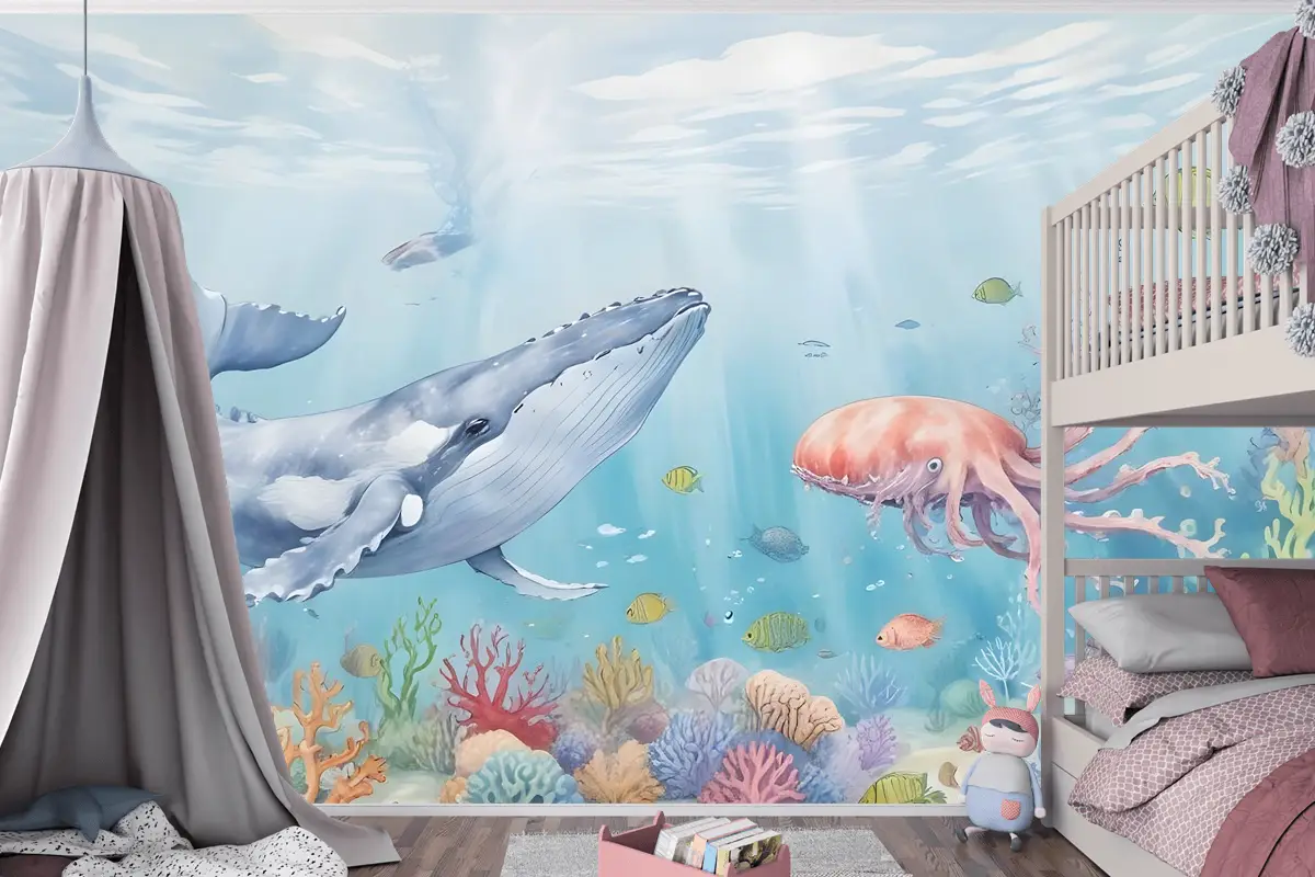 Çocuklar Sevimli Balina Denizaltı Çocuk Odası Duvar Kağıdı Duvar Resimleri