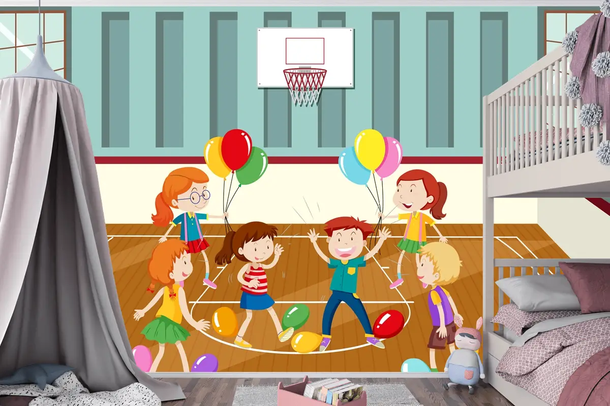 Balonlarla Fiziksel Aktivite Yapan Çocuklar Çocuk Odası Duvar Kağıdı