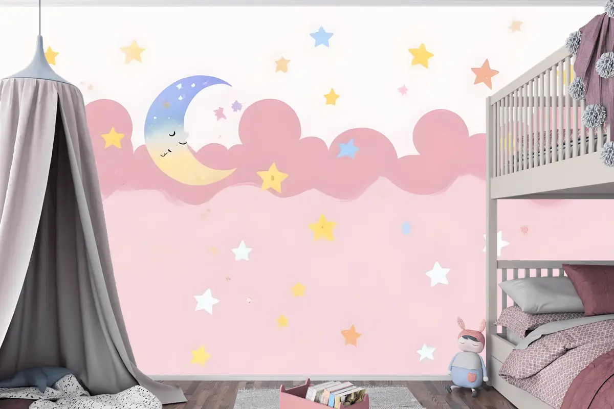 Çocuk Kız Pembe Gece Uyuyan Ay Çocuk Odası Duvar Kağıdı