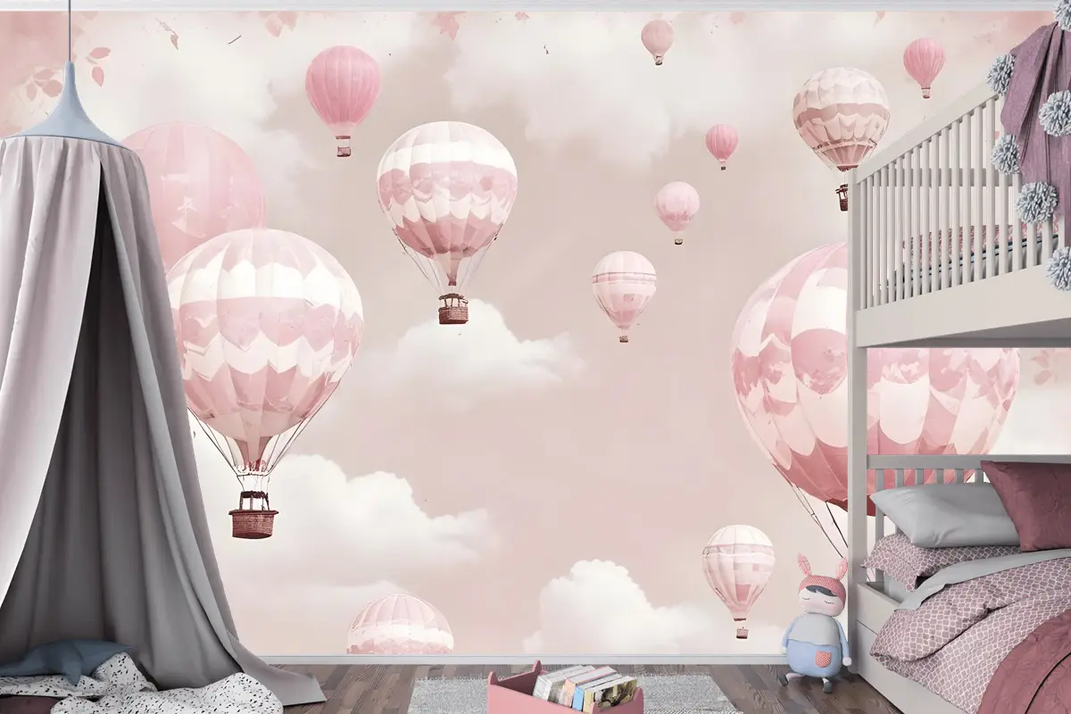 Çocuk Kız Sıcak Hava Balonu Çocuk Odası Duvar Kağıdı Duvar Pembe Gökyüzü