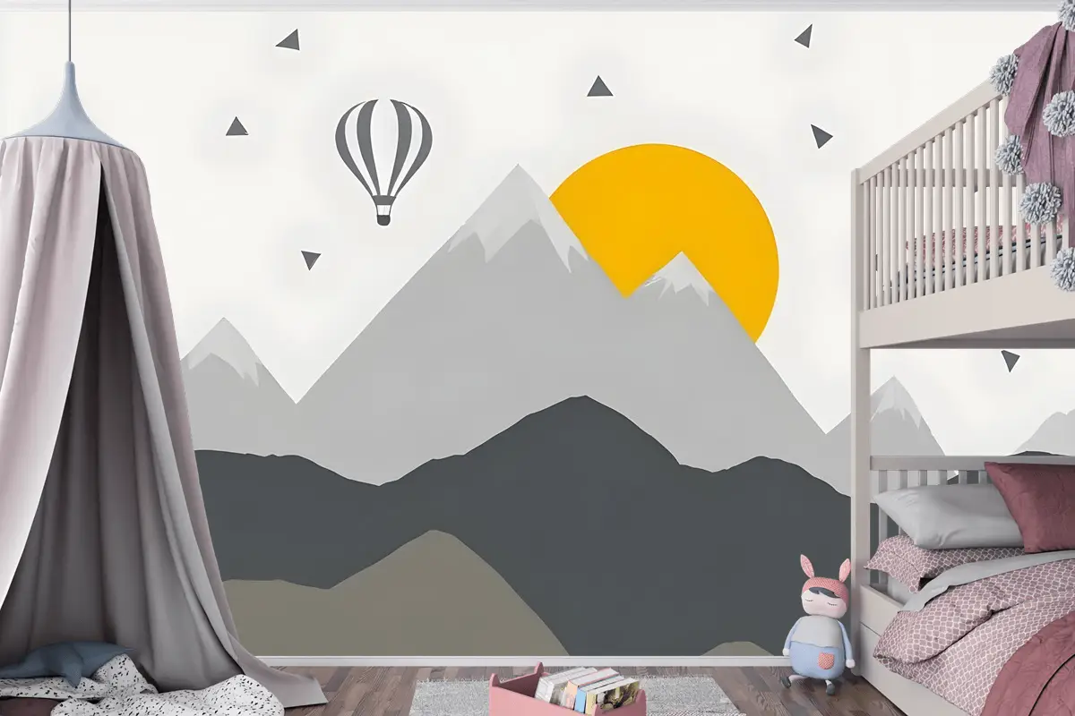 Çocuklar Gri Geometrik Dağ Manzarası Ve Sıcak Hava Balonu Çocuk Odası Duvar Kağıdı