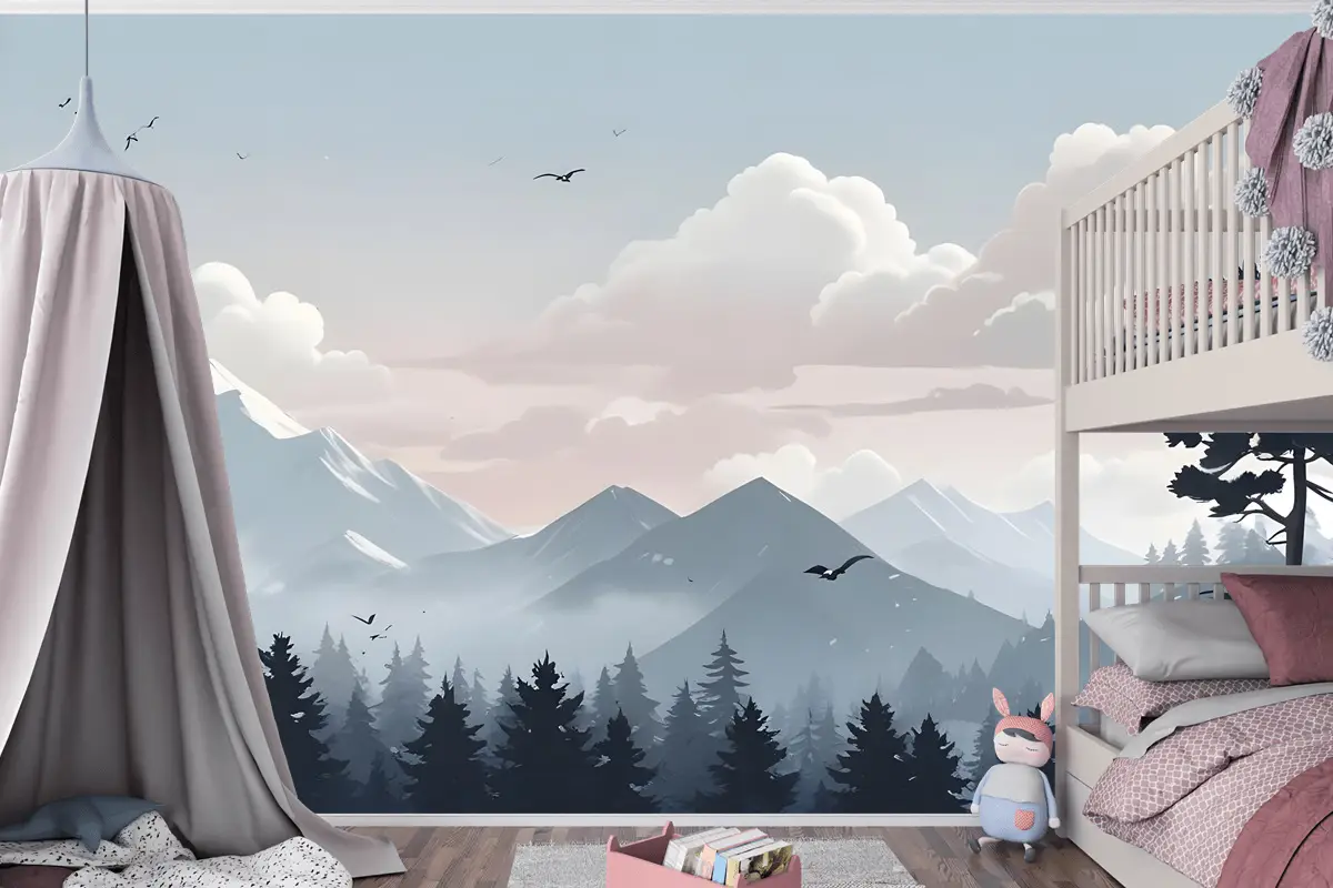 Çocuklar Karla Dağ Manzarası Çocuk Odası Duvar Kağıdı